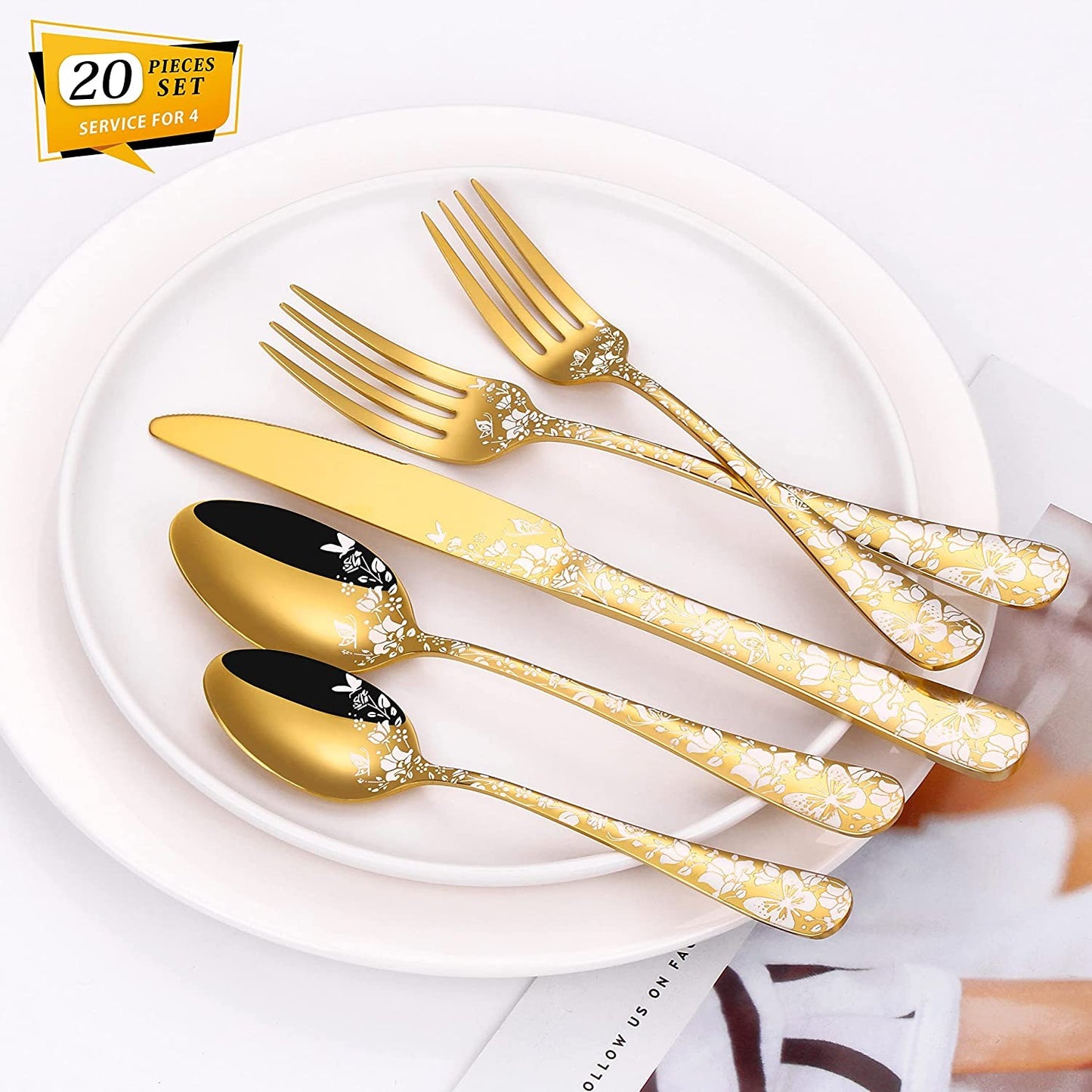 Conjunto de Talheres de Cobre com 20 Peças, Aço Inoxidável, para 4 Pessoas, Conjunto Exclusivo de Utensílios de Mesa com Garfo, Colher e Faca