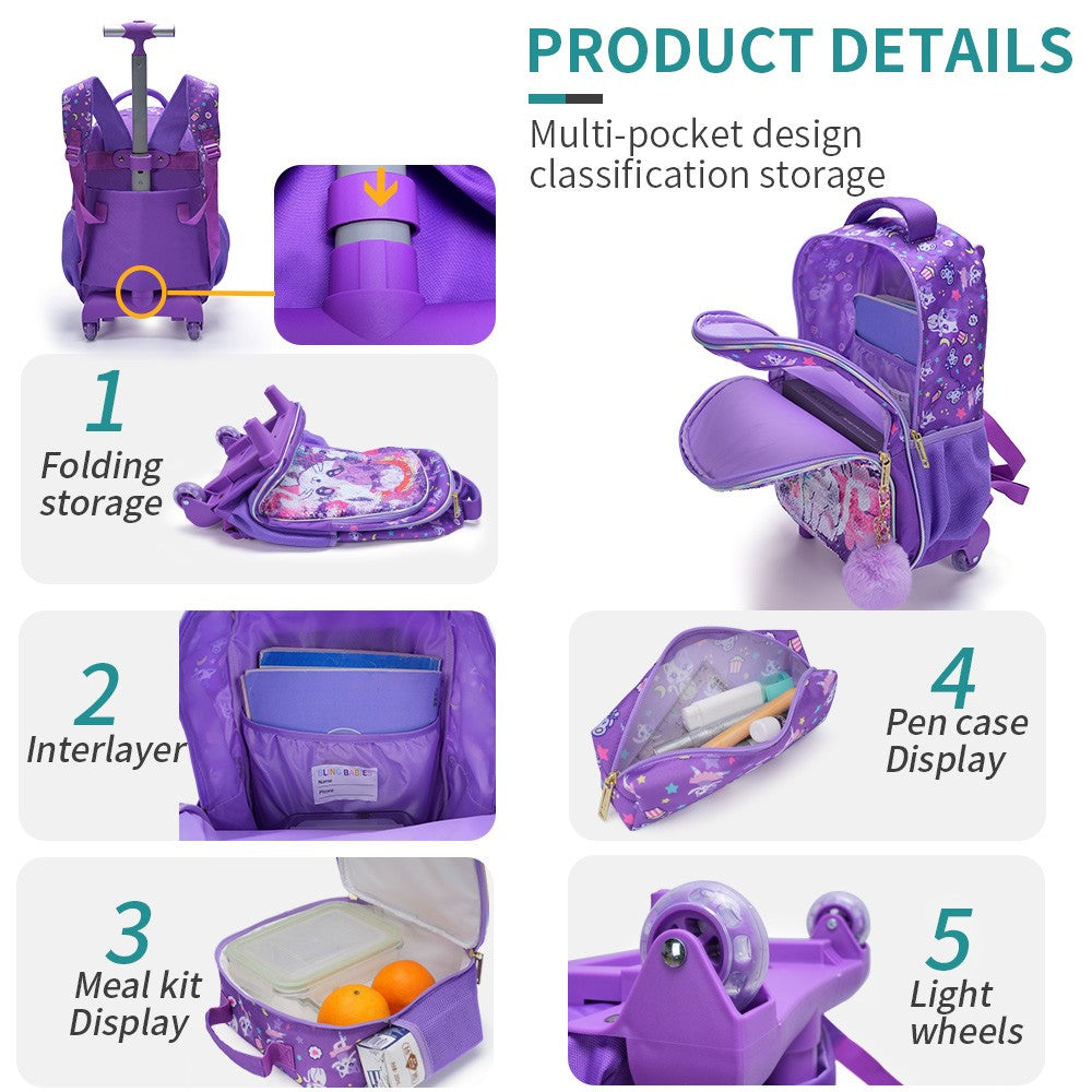 Conjunto de 3 peças Mochila de Rodinhas para Meninas, Linda Mochila Escolar com Rodas de Gatinho de Desenho Animado com Lantejoulas para Alunas do Ensino Fundamental, com Lancheira e Estojo