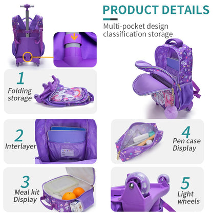 Conjunto de 3 peças Mochila de Rodinhas para Meninas, Linda Mochila Escolar com Rodas de Gatinho de Desenho Animado com Lantejoulas para Alunas do Ensino Fundamental, com Lancheira e Estojo