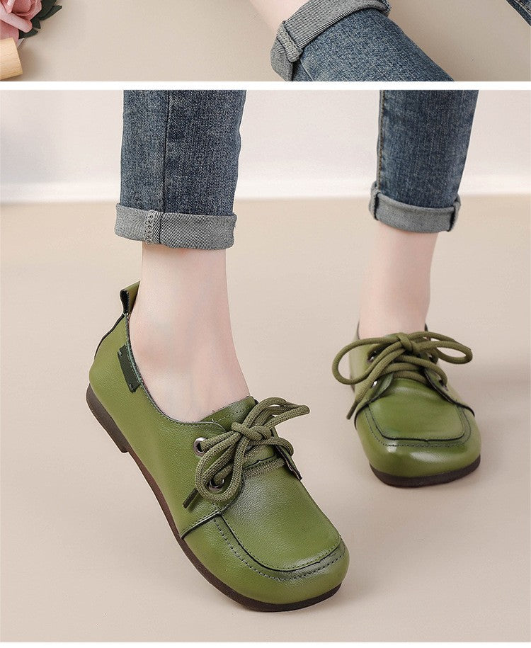 Vintage Plain Oxfords Shoes Women's Genuine Leather Flats Ladies Laced Up Moccasins Elderly Woman Square Toe Driving Loaferss