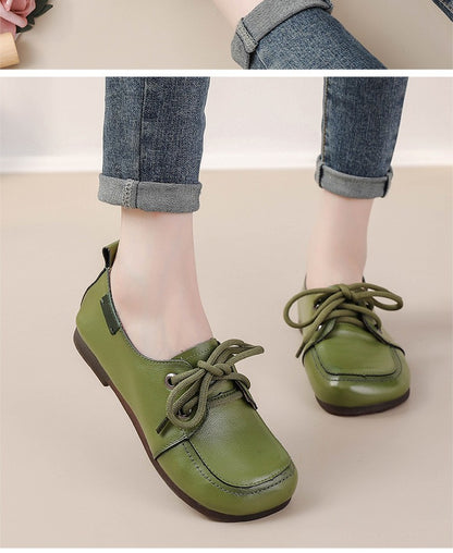 Vintage Plain Oxfords Shoes Women's Genuine Leather Flats Ladies Laced Up Moccasins Elderly Woman Square Toe Driving Loaferss