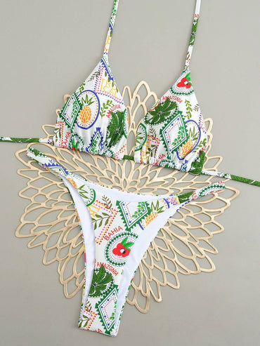 Sexy Cherry Print Triangle Brazilian Bikini Push Up Swimsuit 2 Piece String Bandage Bikinis Swimwear Women Thong Bathing Suit