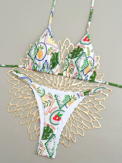 Sexy Cherry Print Triangle Brazilian Bikini Push Up Swimsuit 2 Piece String Bandage Bikinis Swimwear Women Thong Bathing Suit