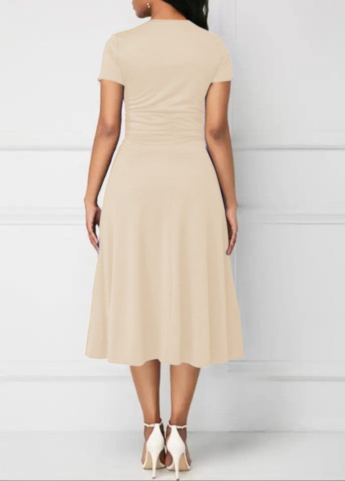 Summer Dresses Elegant Women Solid Color Short Sleeve V Neck Asymmetric Hem Wais