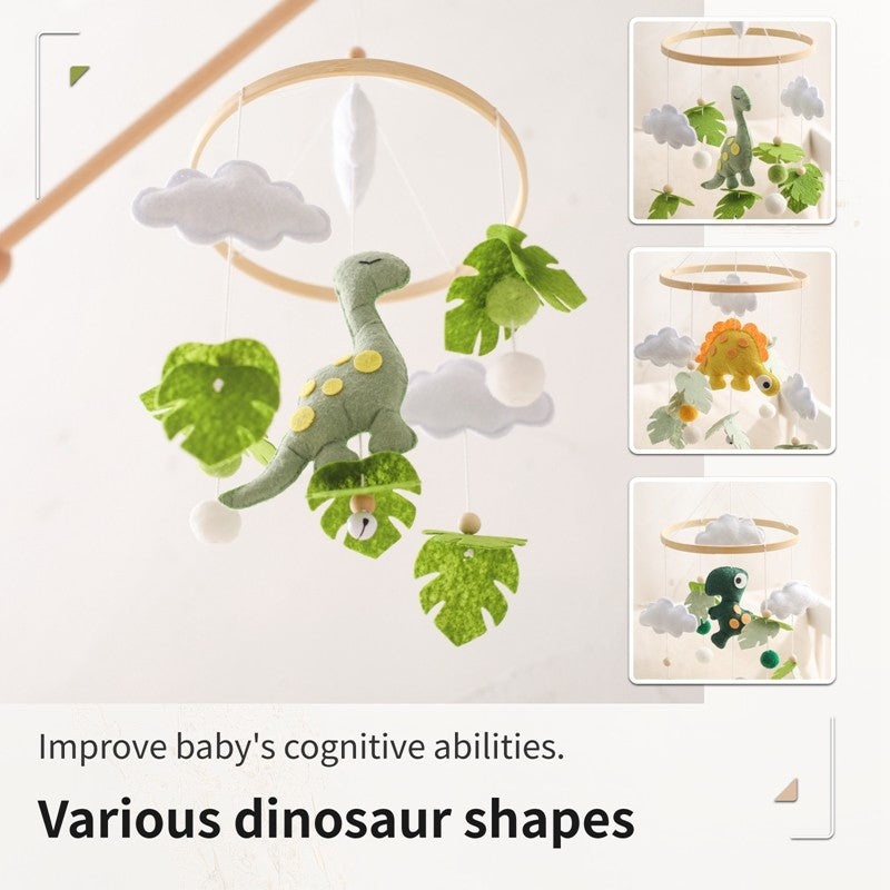 Móbile de Berço Musical de Dinossauro de Feltro e Madeira, Brinquedo de Chocalho Pendurado para Bebê, Brinquedos para Recém-Nascidos de 0 a 12 Meses, Suporte de Presente para Berço Infantil