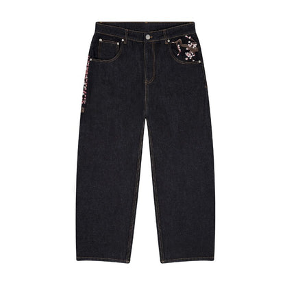 Y2K Harajuku jeans Goth vintage plum blossom embroidery pattern wide leg pants men women denim fabric American style street wear