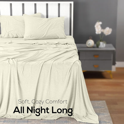 King Jersey Knit Sheet Set 4-Piece - Soft Stretchy Cotton Blend Bedding in Heather Oatmeal