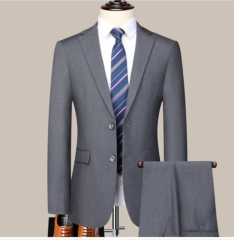 Men's 2024 Slim-fit Two-button Business Suit Professional Work Formal Two-piece Set Trousers Included S-6XL