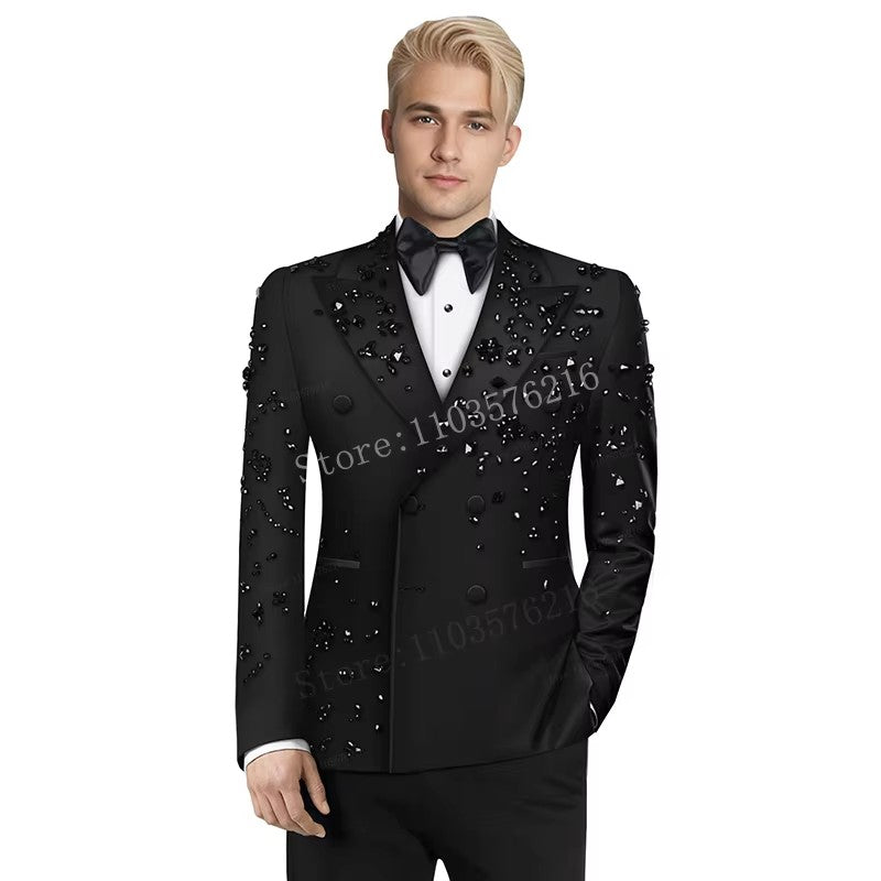 B02 Luxury 2 Pieces Set Men's Suits  Beaded Crystals Notched Lapel Groom Wedding  Formal Party Prom Tuxedo Wedding Groom