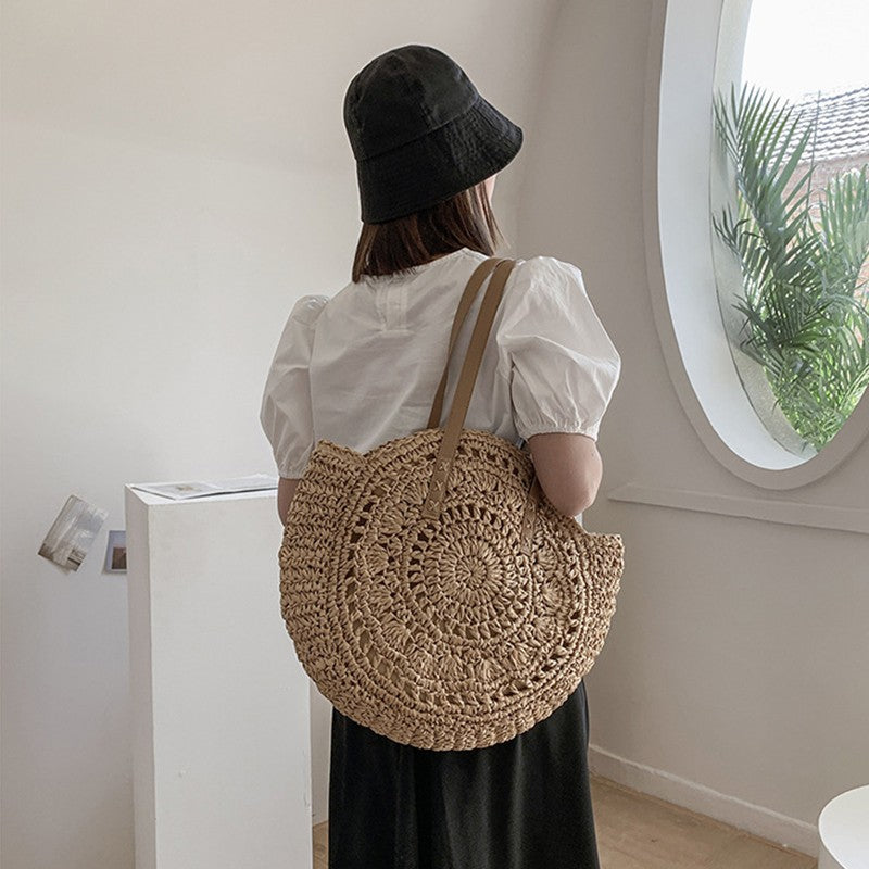 Summer Round Straw Bags for Women Rattan Shoulder Bag Travel Handmade Woven Beach Handbags Female Large Capacity Totes Bag