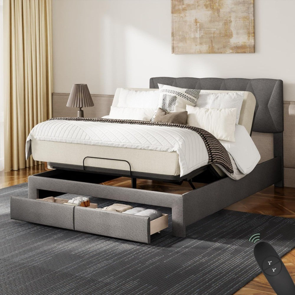 Softa Queen All-in-One Adjustable Bed Frame with 12" Gel Memory Foam Hybrid Mattress, Electric Bed with Upholstered Headboard &