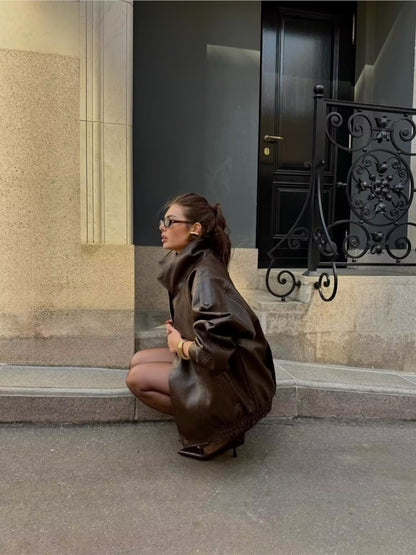 NERHEFZ Women Leather Jacket with Zipper Autumn Asymmetry Turn Down Collar Long Sleeve Button Lady Coats Causal Female Chic Tops