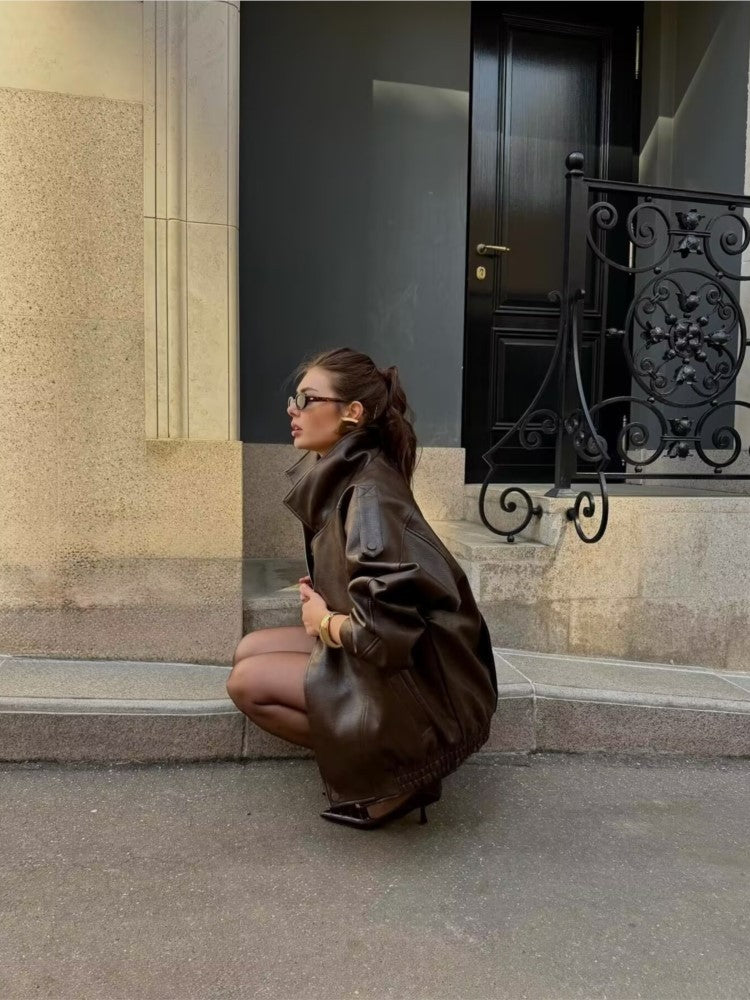 NERHEFZ Women Leather Jacket with Zipper Autumn Asymmetry Turn Down Collar Long Sleeve Button Lady Coats Causal Female Chic Tops