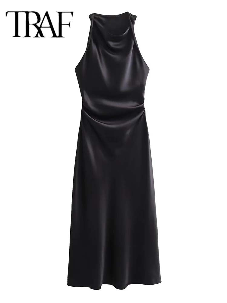 TRAF Satin Long Dresses for Women 2024 Summer Slip Midi Dress Woman Sexy Evening
