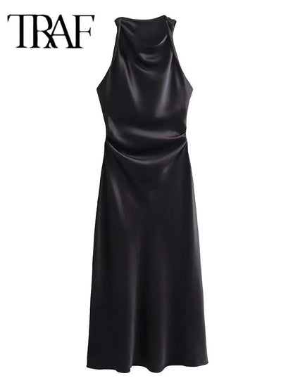 TRAF Satin Long Dresses for Women 2024 Summer Slip Midi Dress Woman Sexy Evening