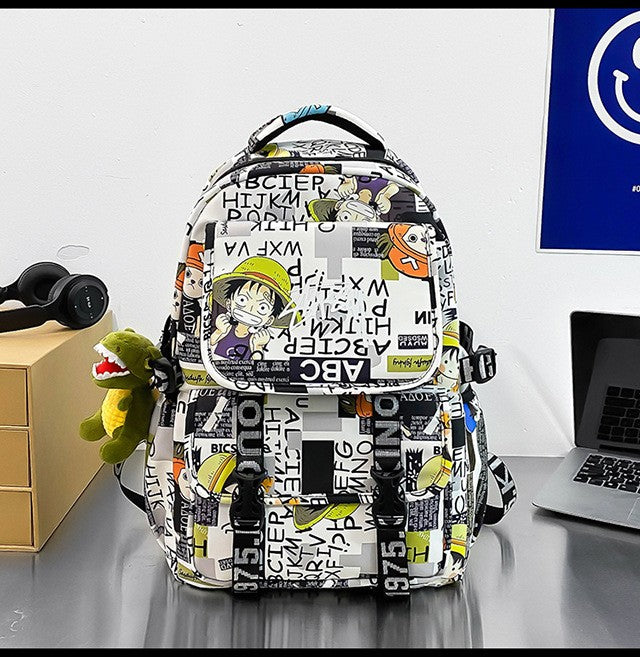 Anime Male and Female High-capacity One Piece Luffy Graffiti Printed Backpack for Middle High Students School Bag