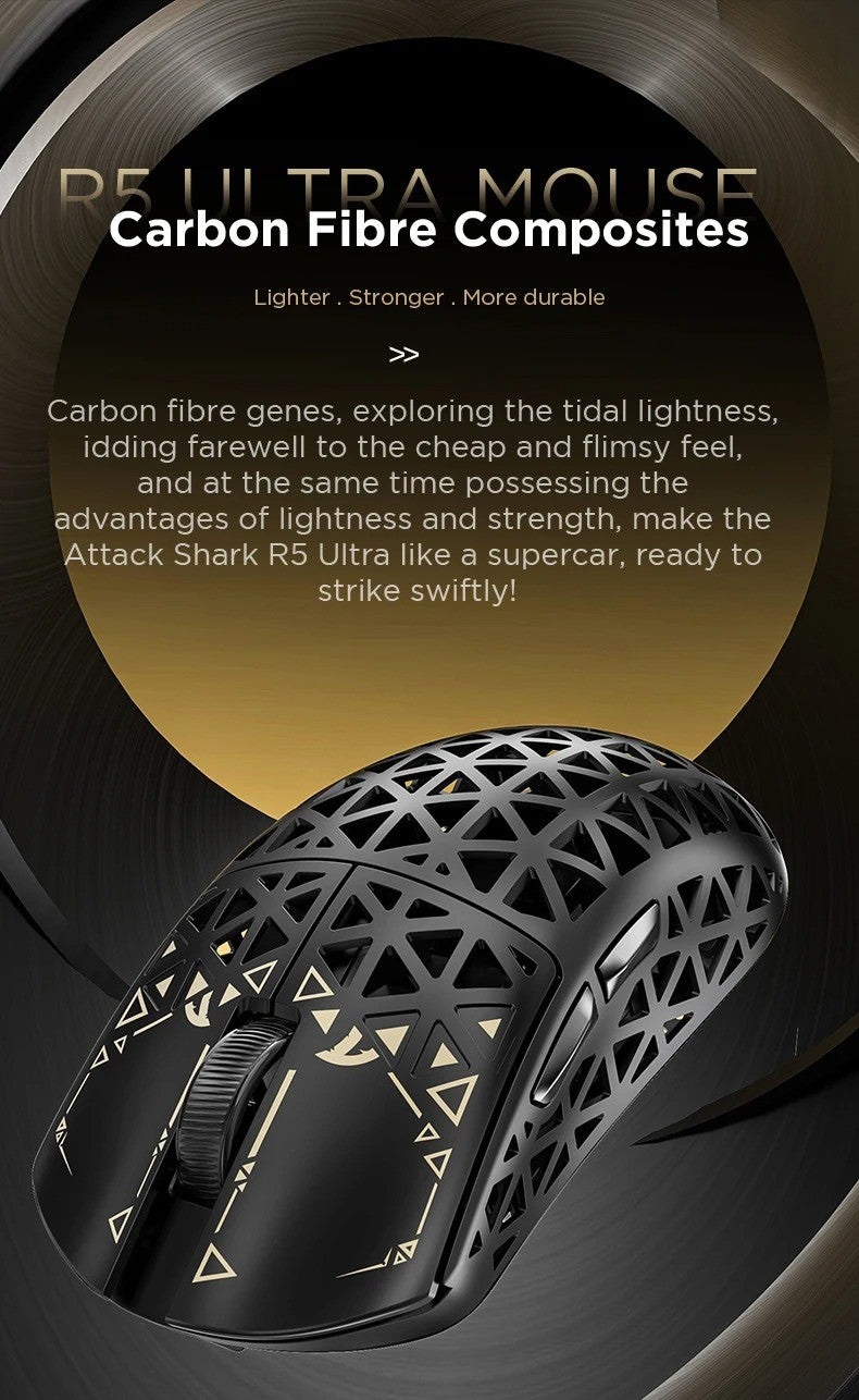 ATTACK SHARK R5 Ultra Wireless Gaming Mouse 39g Lightweight Carbon Fiber 8K Polling PAW3950MAX 42000 DPI Tri-Mode Esports Mouse