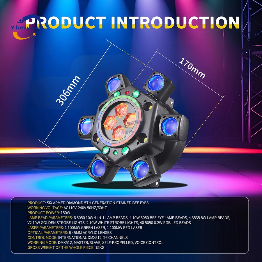 150W RGBW 4-in-1 6 Arm Moving Head Dye Bee Eye Effect Light DMX512 Remote Control DJ Disco Bar Birthday Party Christmas Stage