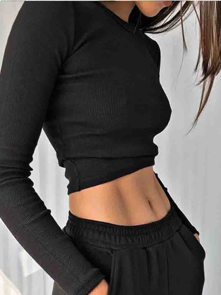 O Neck Long Sleeve Shirt Women Ribbed Sexy Cropped Tops 2024 Spring Black Casual Skinny Slim Basic Woman T Shirts White