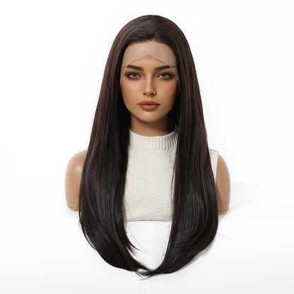 HENRY MARGU Perucas Sintéticas Front Lace 13x4 Cabelo Liso Sedoso Longo Peruca Marrom Escuro para Mulheres 55 cm Resistente ao Calor Uso Diário