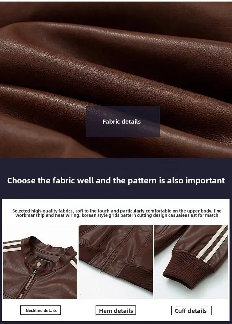 Loose Fit Men's Biker Leather Jacket Stripe Patchwork Stand Collar Casual Outerwear Façade Mixed Material Chinese Production