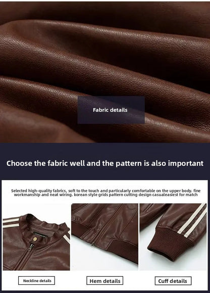 Loose Fit Men's Biker Leather Jacket Stripe Patchwork Stand Collar Casual Outerwear Façade Mixed Material Chinese Production