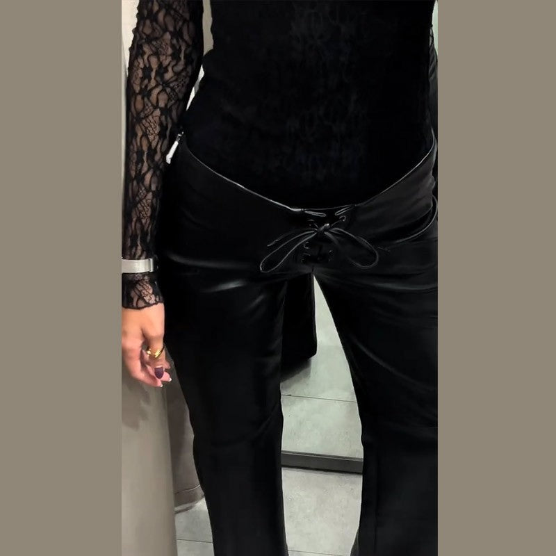 Elegant Women's Bandage PU Leather Trousers Black Low Waist Slim Straight Flare Pants 2025 Autumn Winter Lady Chic Y2k Pant New