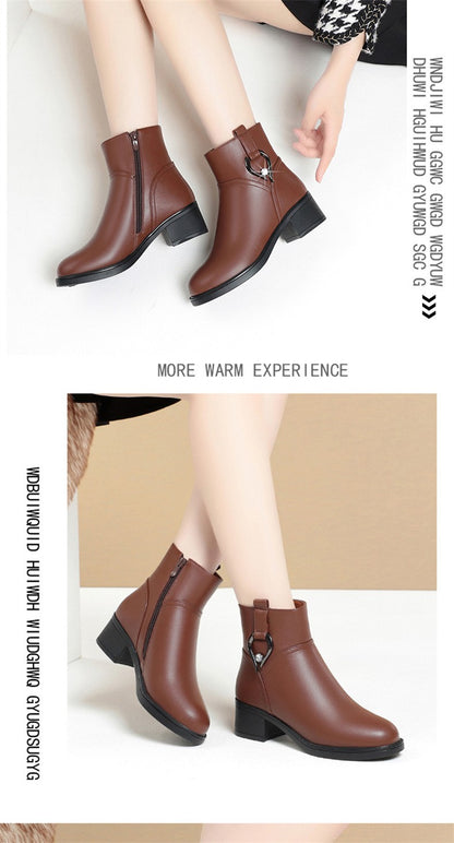 Women's Winter Waterproof Fashion Soft Leather Ankle Boots Mom Thick Plush Warm Cotton Shoes Thick Heel Platform Boots