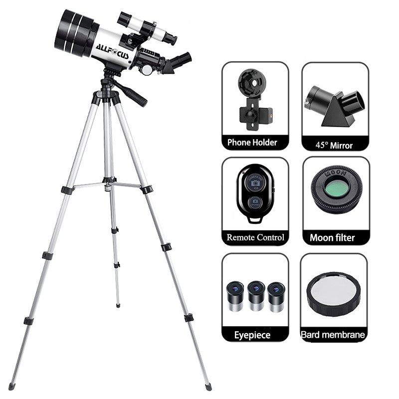 Telescópio Astronômico ALLFOCUS 150X, Telescópio Refrator Portátil de Viagem com Abertura de 70mm com Adaptador de Telefone e Controle Remoto Sem Fio