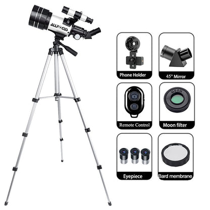 Telescópio Astronômico ALLFOCUS 150X, Telescópio Refrator Portátil de Viagem com Abertura de 70mm com Adaptador de Telefone e Controle Remoto Sem Fio
