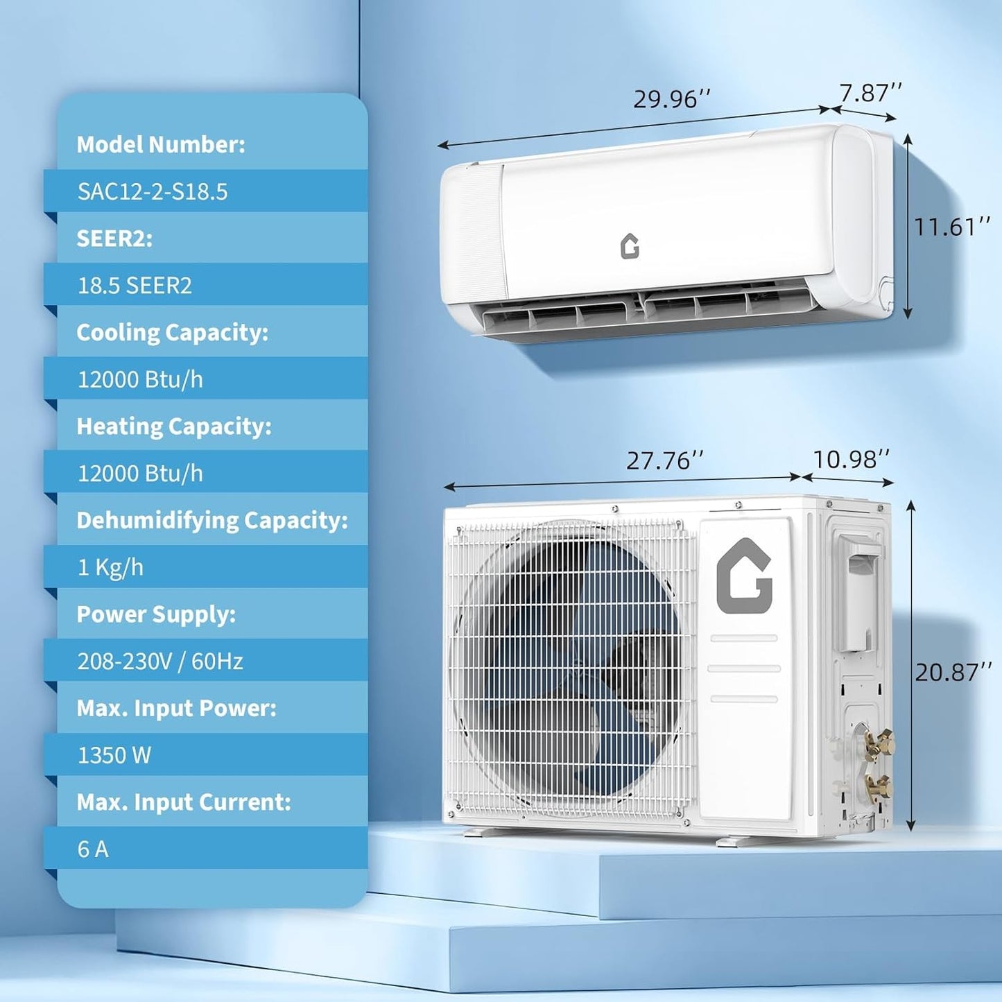 18.5 SEER2 Mini Split AC 230V 12000 BTU Mini Split Heating and Coolings up to 750 Inverter Mini Split System Wifi Remote Control