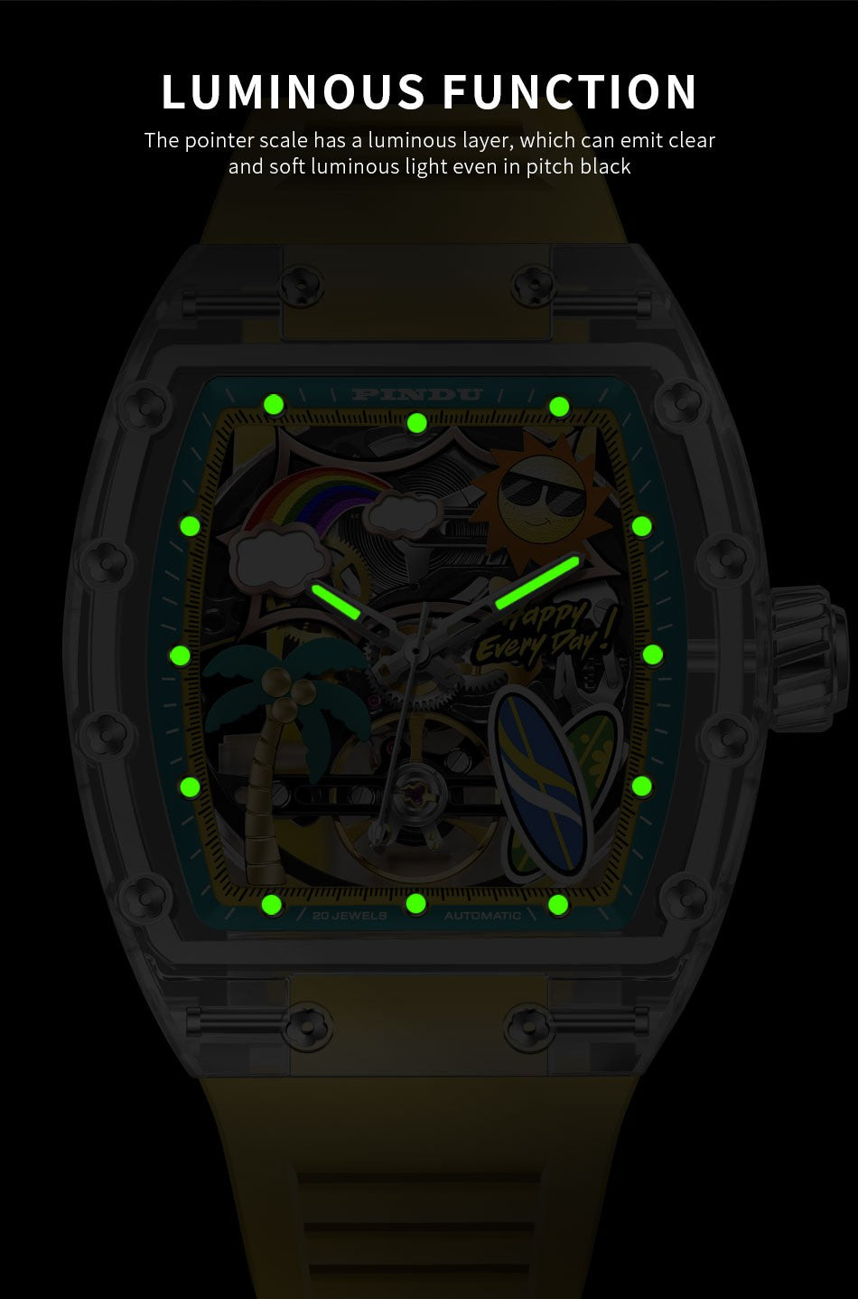 New PINDU Watch Unique Dial Design Style Men Mechanical Watch Summer Beach Fashion Watch Glowing Waterproof Resin silicone strap