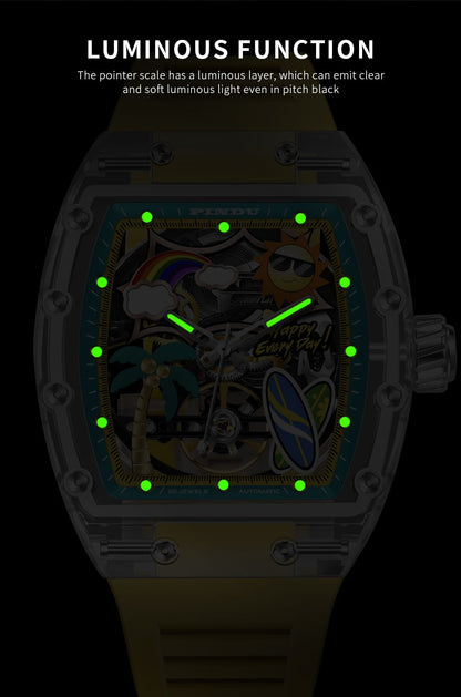 New PINDU Watch Unique Dial Design Style Men Mechanical Watch Summer Beach Fashion Watch Glowing Waterproof Resin silicone strap