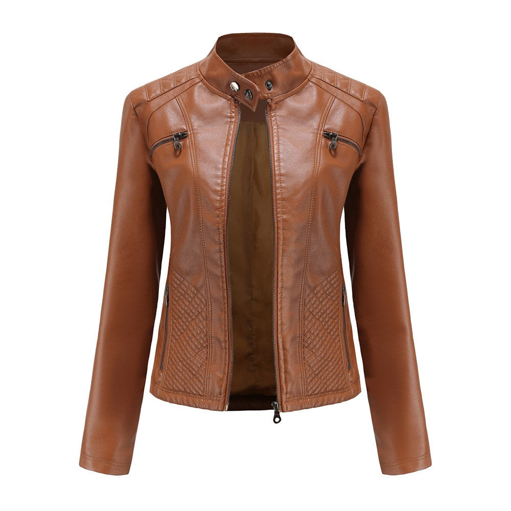 2025 Autumn Women's Black Moto Biker Zipper Jacket, Red Apricot Coffee PU Coat, Light Purple Outerwear.