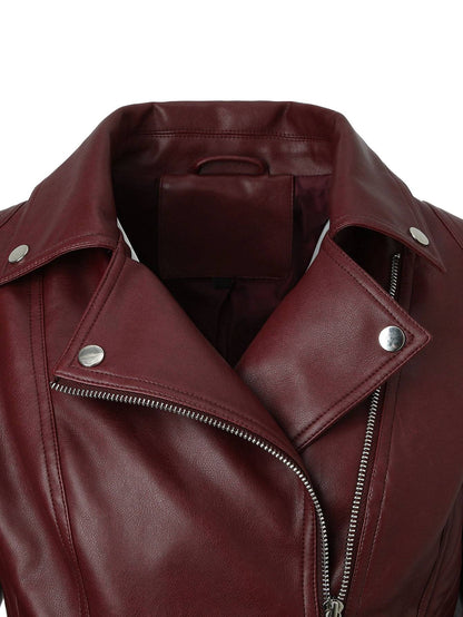 ? Biker Style Pu Leather Jacket for Women - Vegan Faux Motorcycle Jacket with Zipper & Buttons (Black/White/Red/Green)