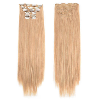16 Presilhas em Extensões de Cabelo 60cm de Comprimento Liso Sintético Loiro Preto Peças de Cabelo Resistente ao Calor Cabelo Falso 6 Peças/Conjunto
