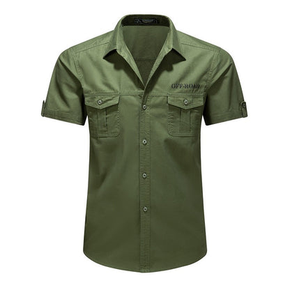 2025 New Summer Army Green Fashion Versatile Men's Casual Shirt, Khaki Slim Short-sleeved Breathable Cotton Cargo Shirts for Men