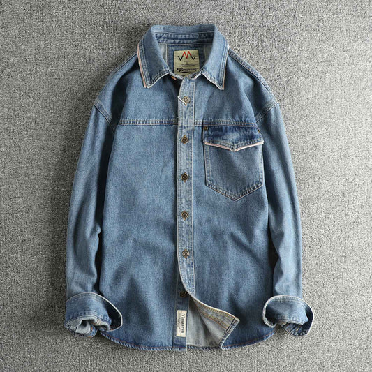 Autumn New American Retro Heavyweight Single Pocket Denim Cargo Shirt Men's Simple 100% Cotton Washed Casual Blouses Thin Jacket