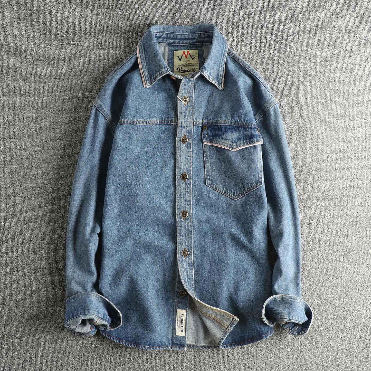 Autumn New American Retro Heavyweight Single Pocket Denim Cargo Shirt Men's Simple 100% Cotton Washed Casual Blouses Thin Jacket