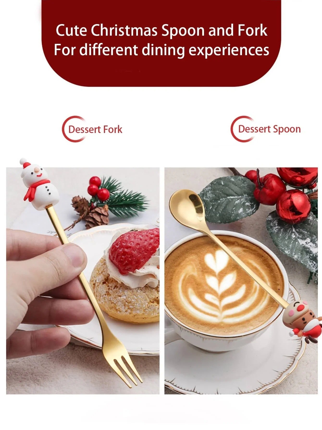 Conjunto de 6 Garfos e Colheres de Natal em Aço Inoxidável, Talheres Criativos para Café, Chá, Sobremesa, Conjunto de Presente