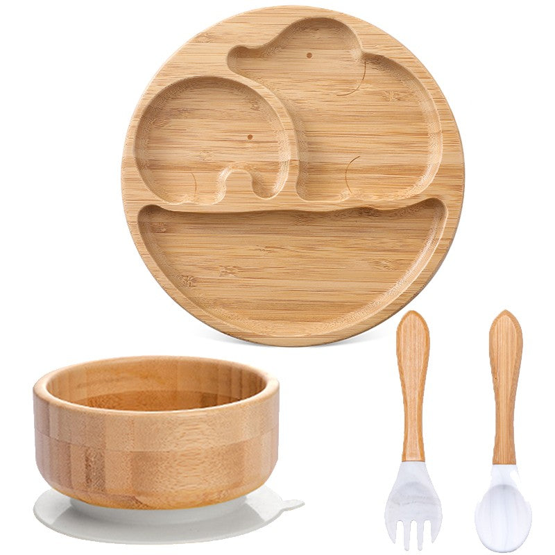 4pcs Bamboo Plate Sets Baby Feeding Bowl Wooden Kids Feeding Supplies Spoon Fork for Baby Tableware Suction Plate Bowl Cup