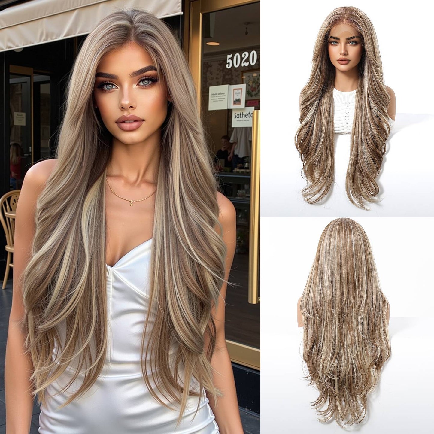 HENRY MARGU Peruca Sintética Lace Front 13x6 Peruca Longa Castanho Cinza Cabelo Ondulado Natural para Uso Diário Peruca de Fibra de Alta Temperatura