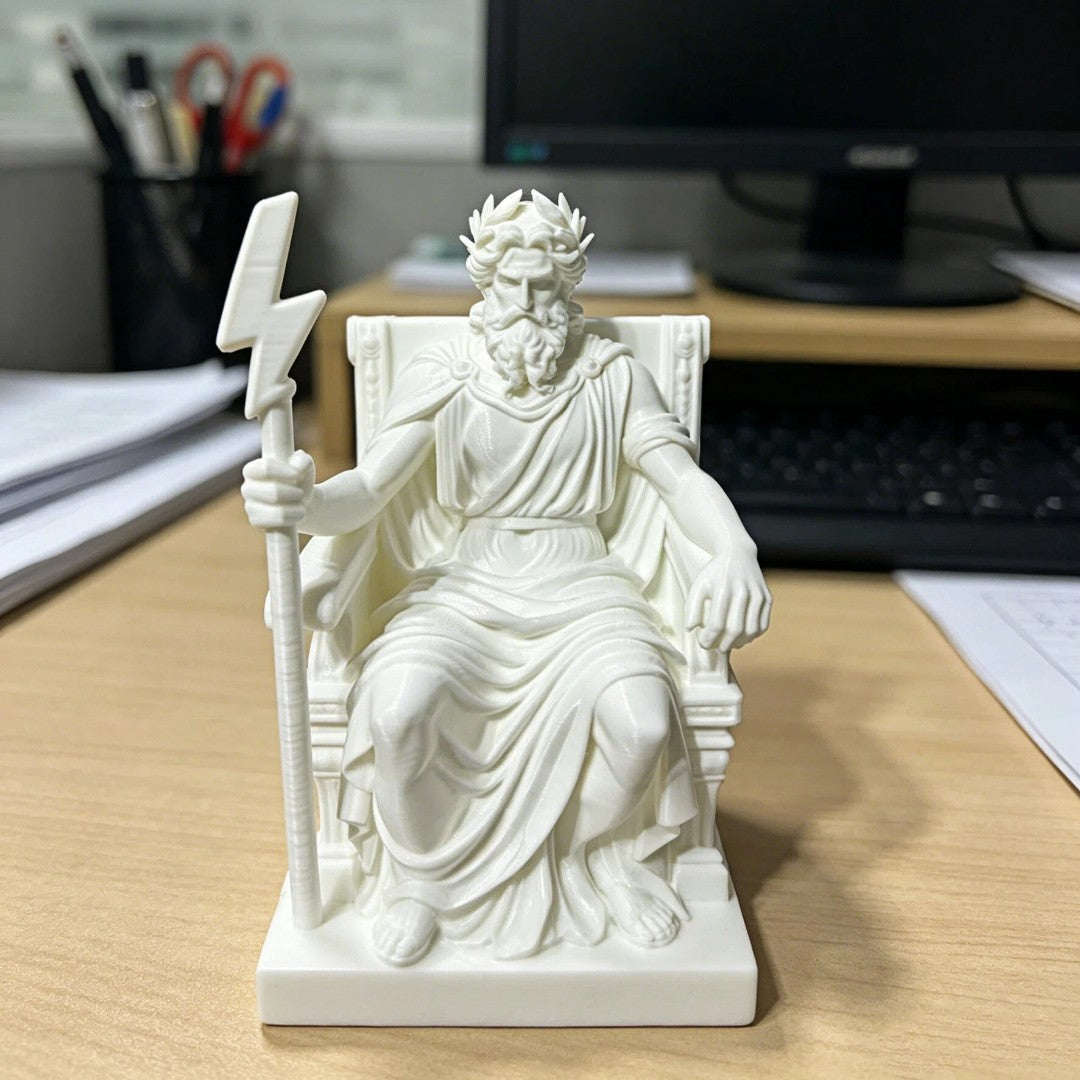 Greek God Zeus Statue on Throne, White 3D Print Sculpture, Ancient Greek Mythology Desktop Decor for Office Desk, Business Gift