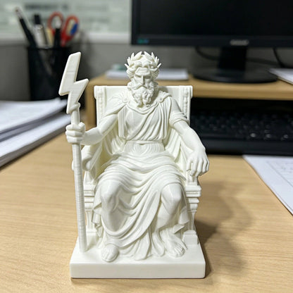 Greek God Zeus Statue on Throne, White 3D Print Sculpture, Ancient Greek Mythology Desktop Decor for Office Desk, Business Gift