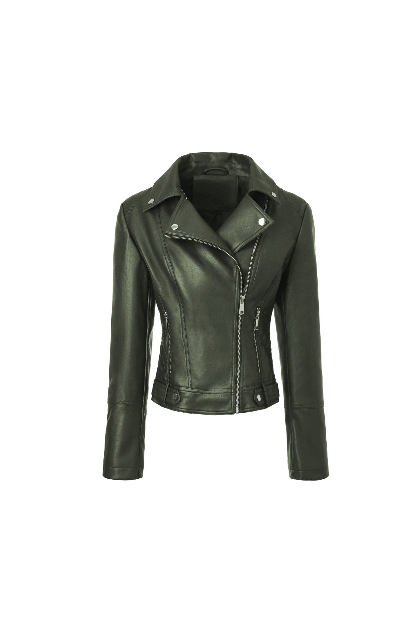 ? Biker Style Pu Leather Jacket for Women - Vegan Faux Motorcycle Jacket with Zipper & Buttons (Black/White/Red/Green)