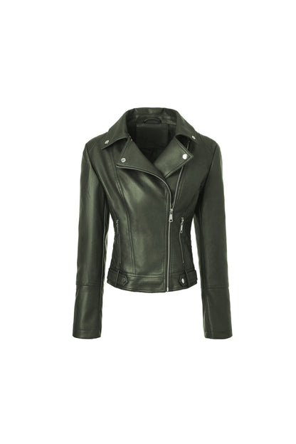 ? Biker Style Pu Leather Jacket for Women - Vegan Faux Motorcycle Jacket with Zipper & Buttons (Black/White/Red/Green)
