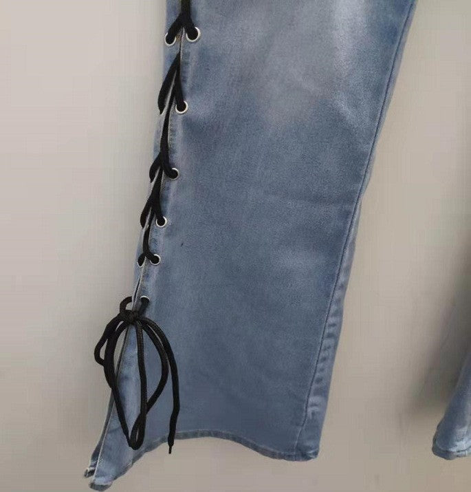 Stretch Braided Women Rope Flared Pants Denim Pants Ladies Push Up Trousers Bell Bottom Jeans Pants High Waist Free Shipping