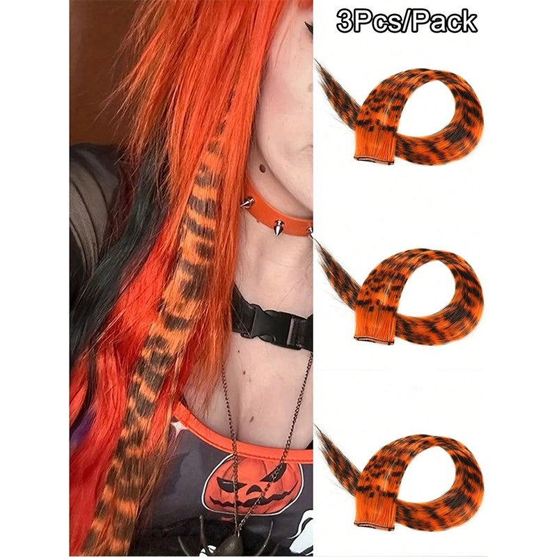 3Pcs Leopard Print Hair Extensions Synthetic Stripe Printed Hair Piece Colorful Long Straight Clip In Hair For Women Girls Party