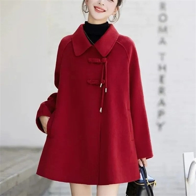 High Quality Woolen Coat Women 2025 Autumn Winter New Cloak Long Wool Jacket Chinese Retro Buckle Ladies Overwear Korean Outcoat