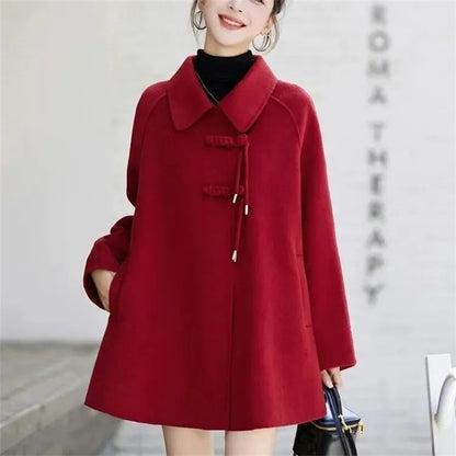 High Quality Woolen Coat Women 2025 Autumn Winter New Cloak Long Wool Jacket Chinese Retro Buckle Ladies Overwear Korean Outcoat